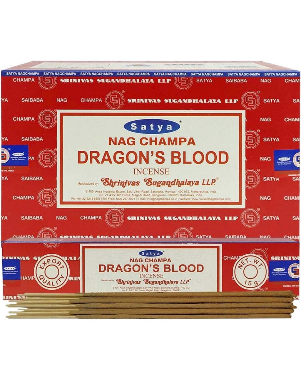 Satya Nag Champa Dragons Blood 180 grams. 12 boxes x 15 g per box. Premium Handmade Incense sticks.