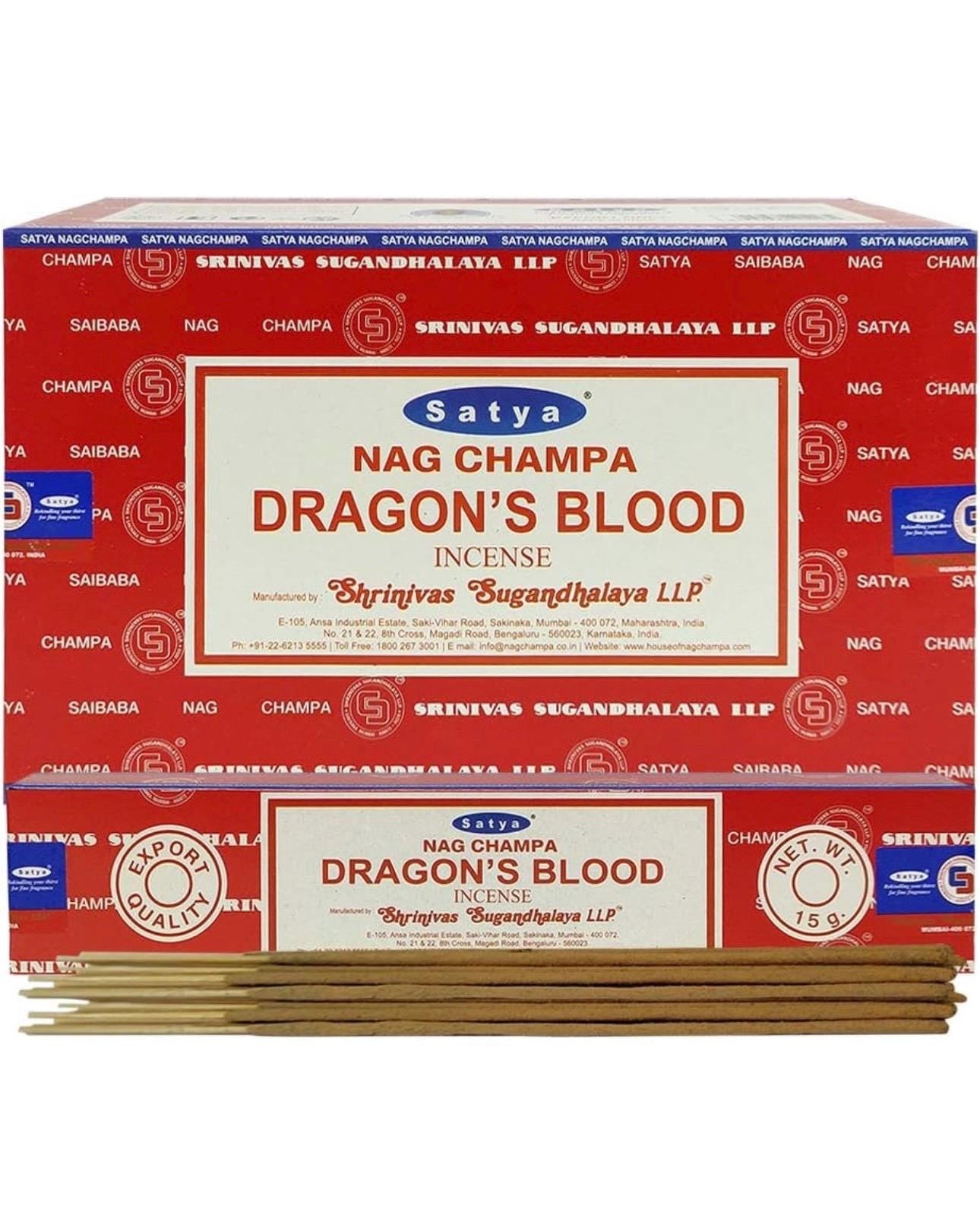 Satya Nag Champa Dragons Blood 180 grams. 12 boxes x 15 g per box. Premium Handmade Incense sticks.