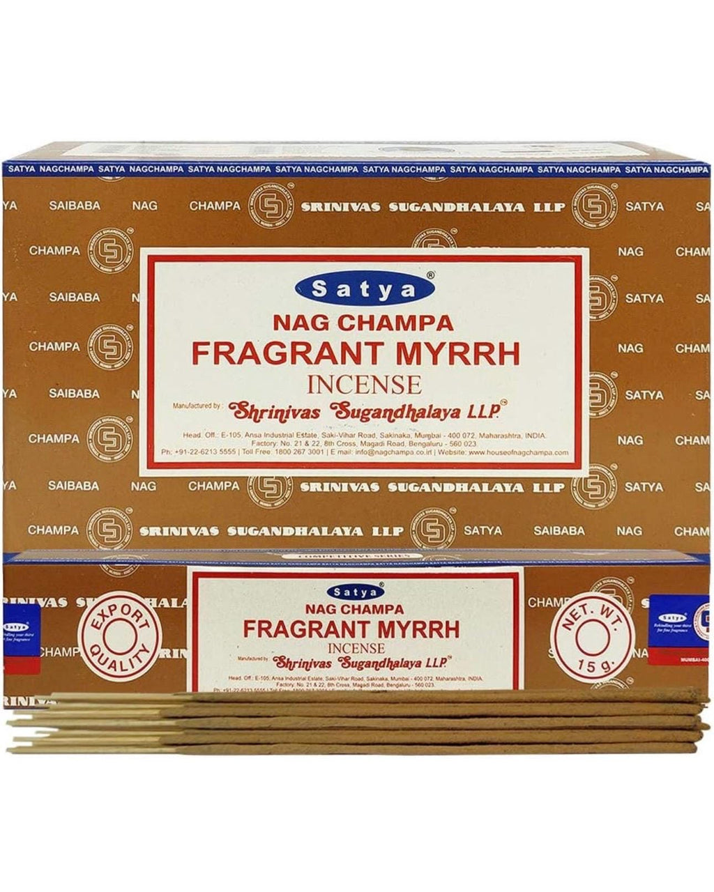 Satya Nag Champa Fragrant Myrrh 180 grams. 12 boxes x 15 g per box. Premium Handrolled Incense sticks.