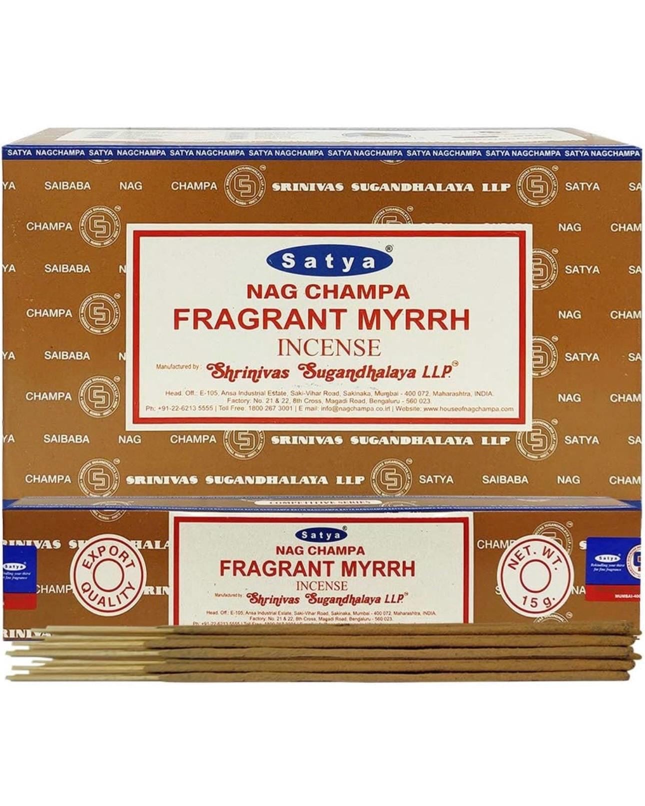 Satya Nag Champa Fragrant Myrrh 180 grams. 12 boxes x 15 g per box. Premium Handrolled Incense sticks.