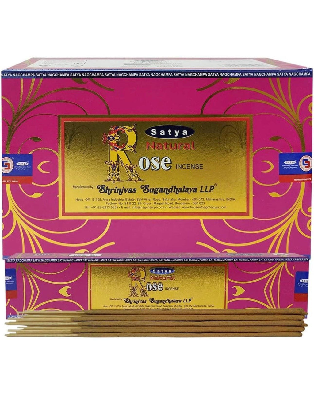 Satya Nag Champa Natural Rose 180 grams. 12 boxes x 15 g per box. Premium Handrolled Incense sticks.
