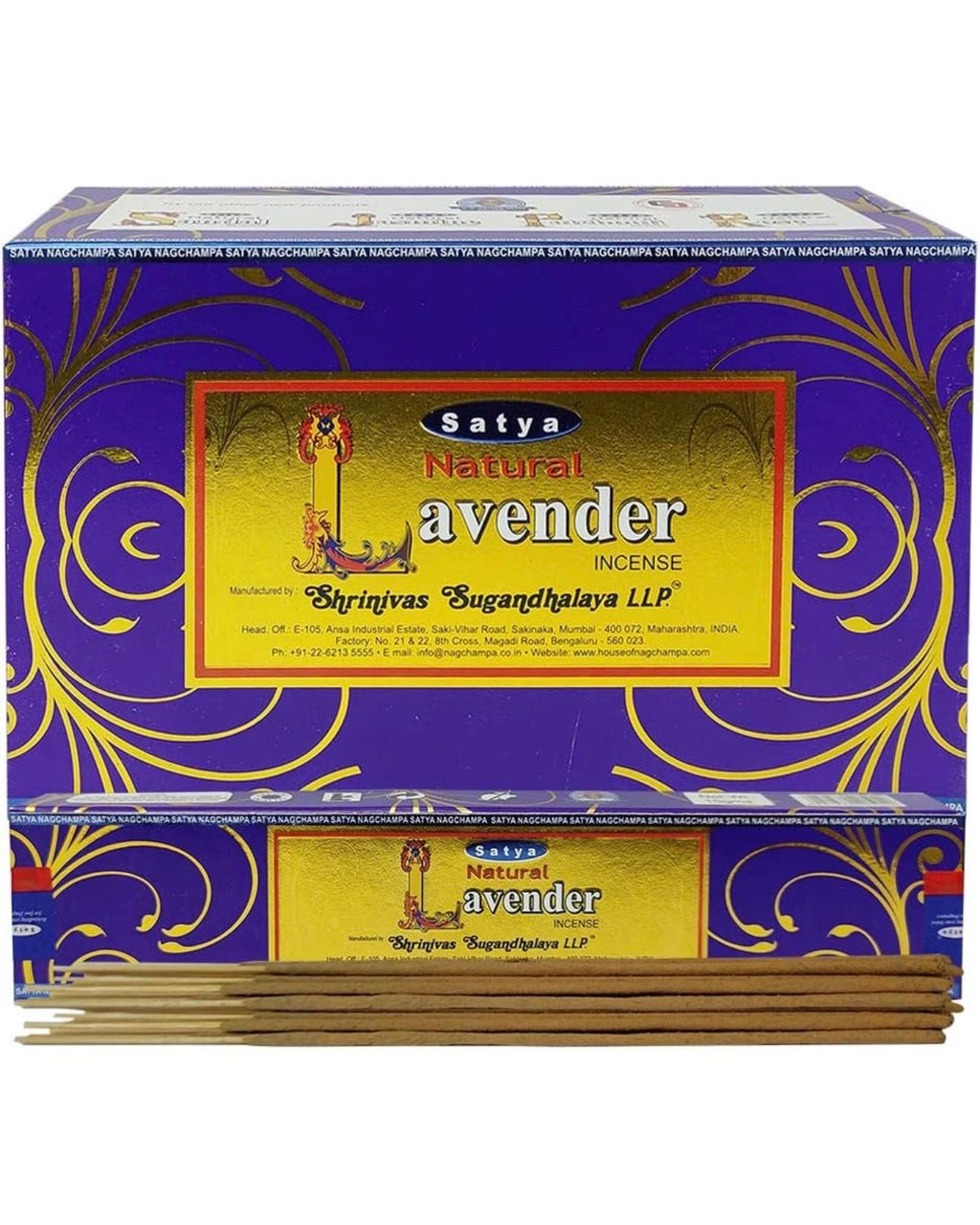 Satya Nag Champa Natural Lavender 180 grams. 12 boxes x 15 g per box. Premium Handrolled Incense sticks.