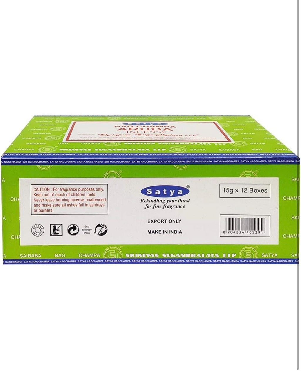 Satya Nag Champa Aruda 180 grams. 12 boxes x 15 g per box. Premium Handrolled Incense sticks.