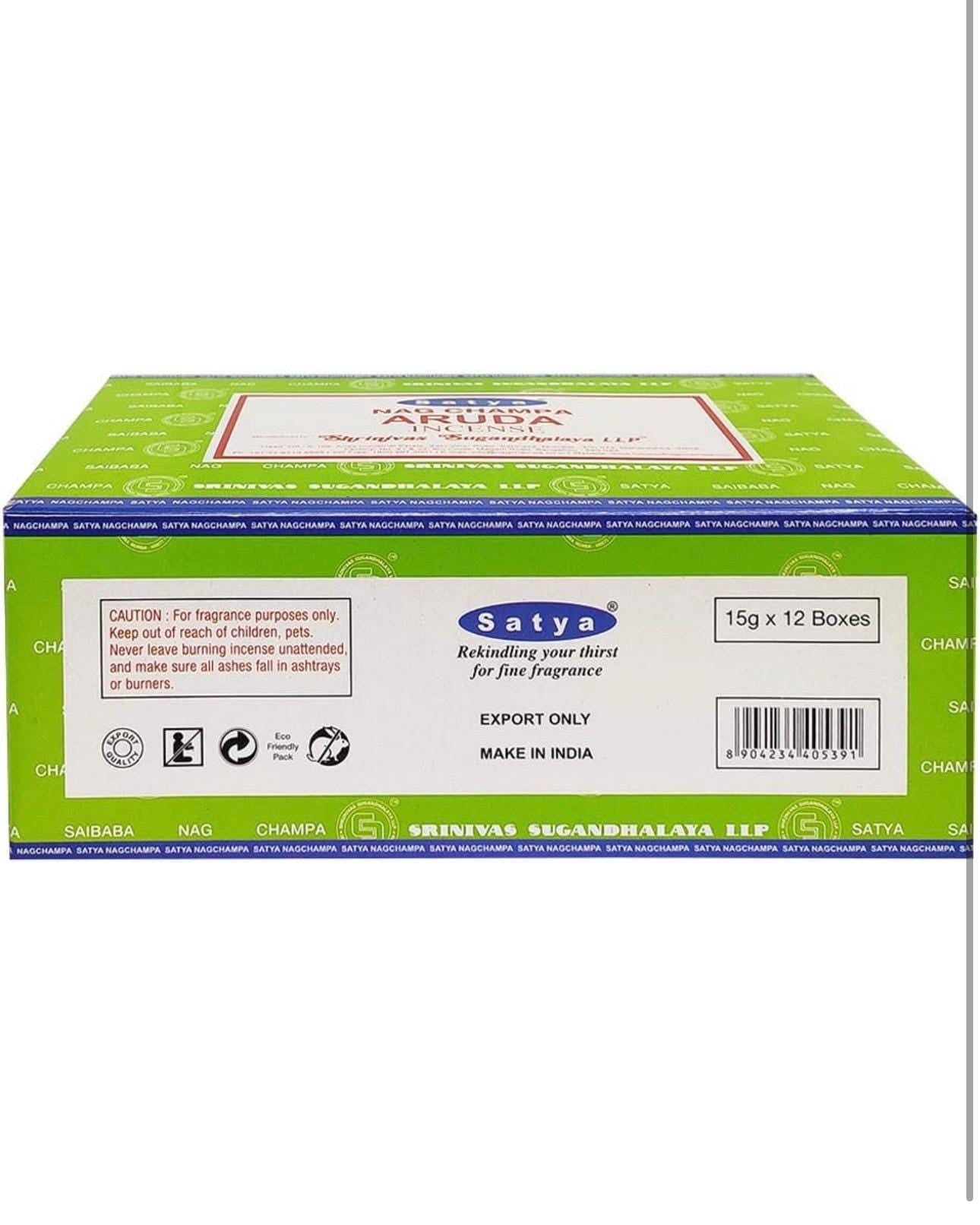 Satya Nag Champa Aruda 180 grams. 12 boxes x 15 g per box. Premium Handrolled Incense sticks.