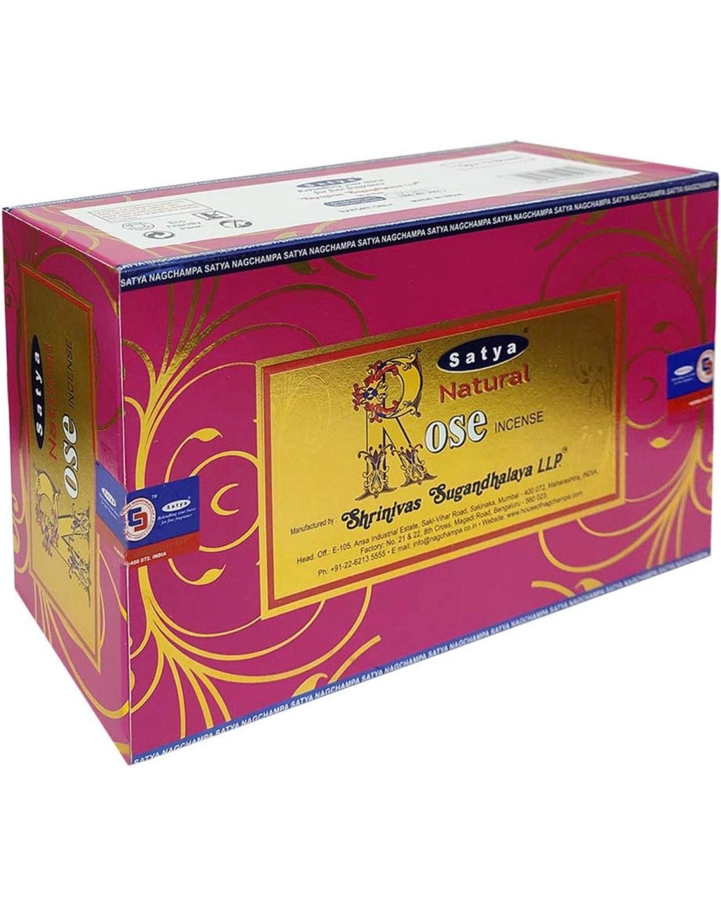Satya Nag Champa Natural Rose 180 grams. 12 boxes x 15 g per box. Premium Handrolled Incense sticks.