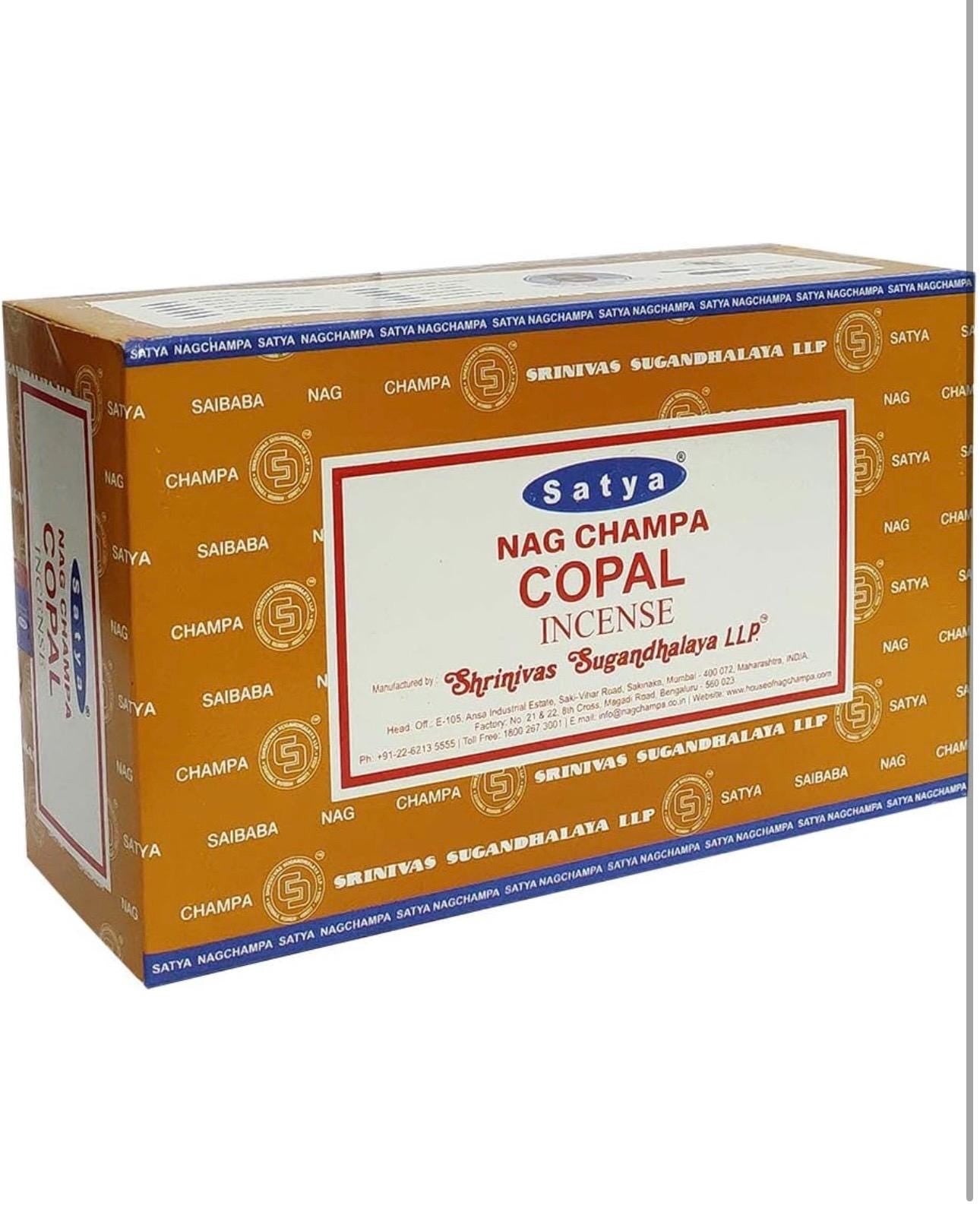 Satya Nag Champa Copal 180 grams. 12 boxes x 15 g per box. Premium Handrolled Incense sticks.