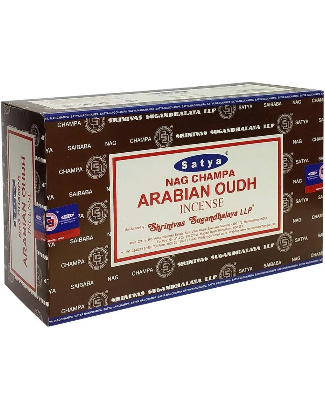 Satya Nag Champa Arabian Oudh 180 grams. 12 boxes x 15 g per box. Premium Handrolled Incense sticks.