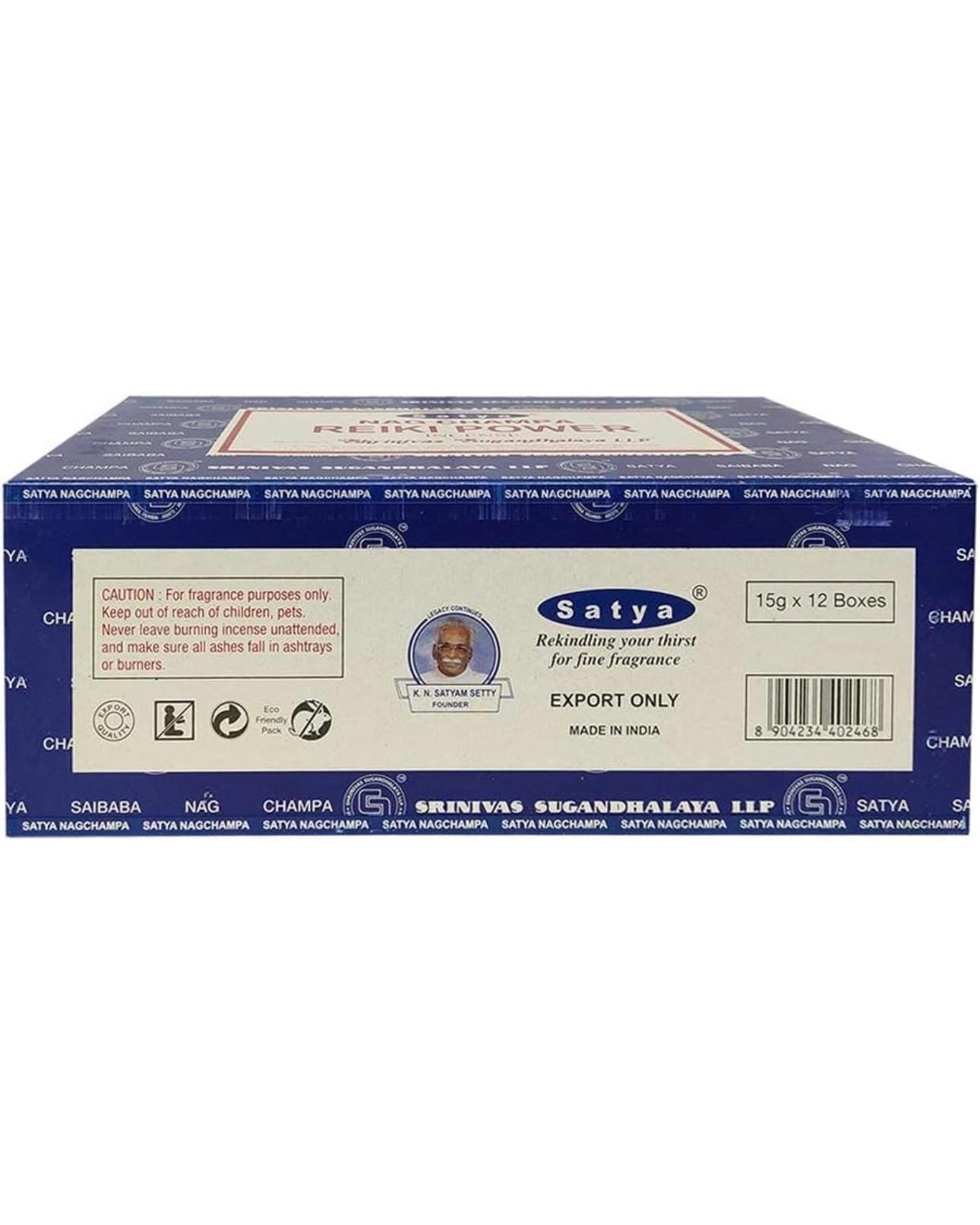 Satya Nag Champa Reiki Power 180 grams. 12 boxes x 15 g per box. Premium Handrolled Incense sticks.