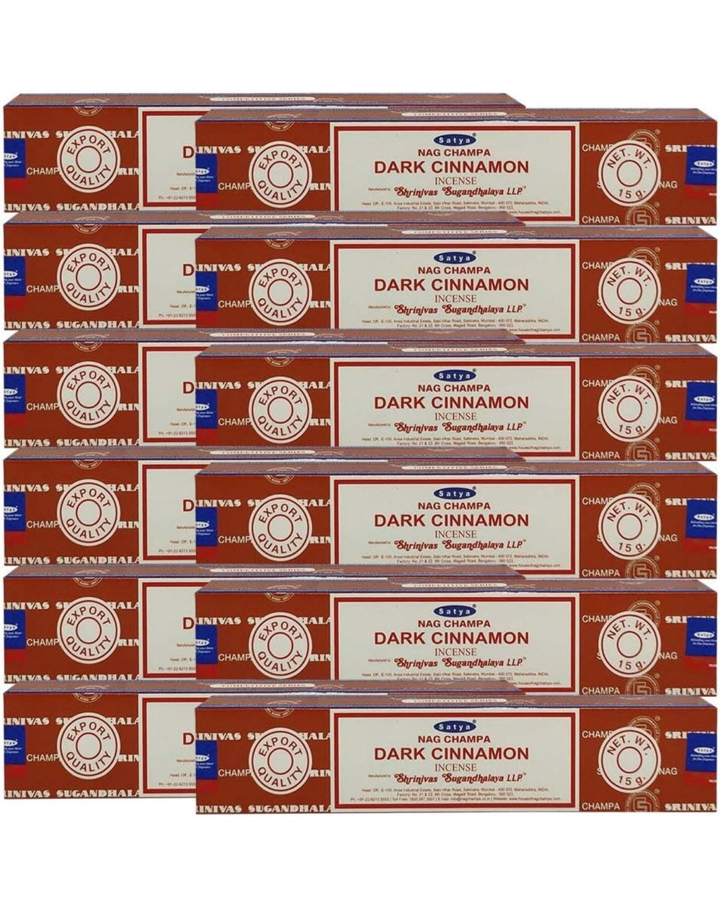 Satya Nag Champa Dark Cinnamon 180 grams. 12 boxes x 15 g per box. Premium Handrolled Incense sticks.