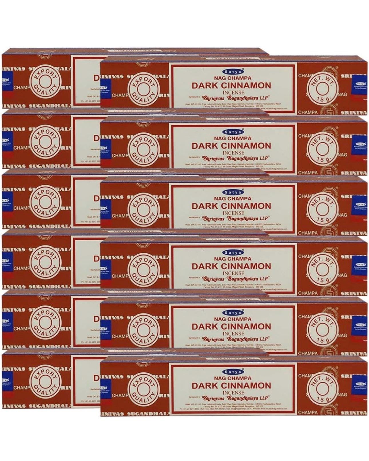 Satya Nag Champa Dark Cinnamon 180 grams. 12 boxes x 15 g per box. Premium Handrolled Incense sticks.