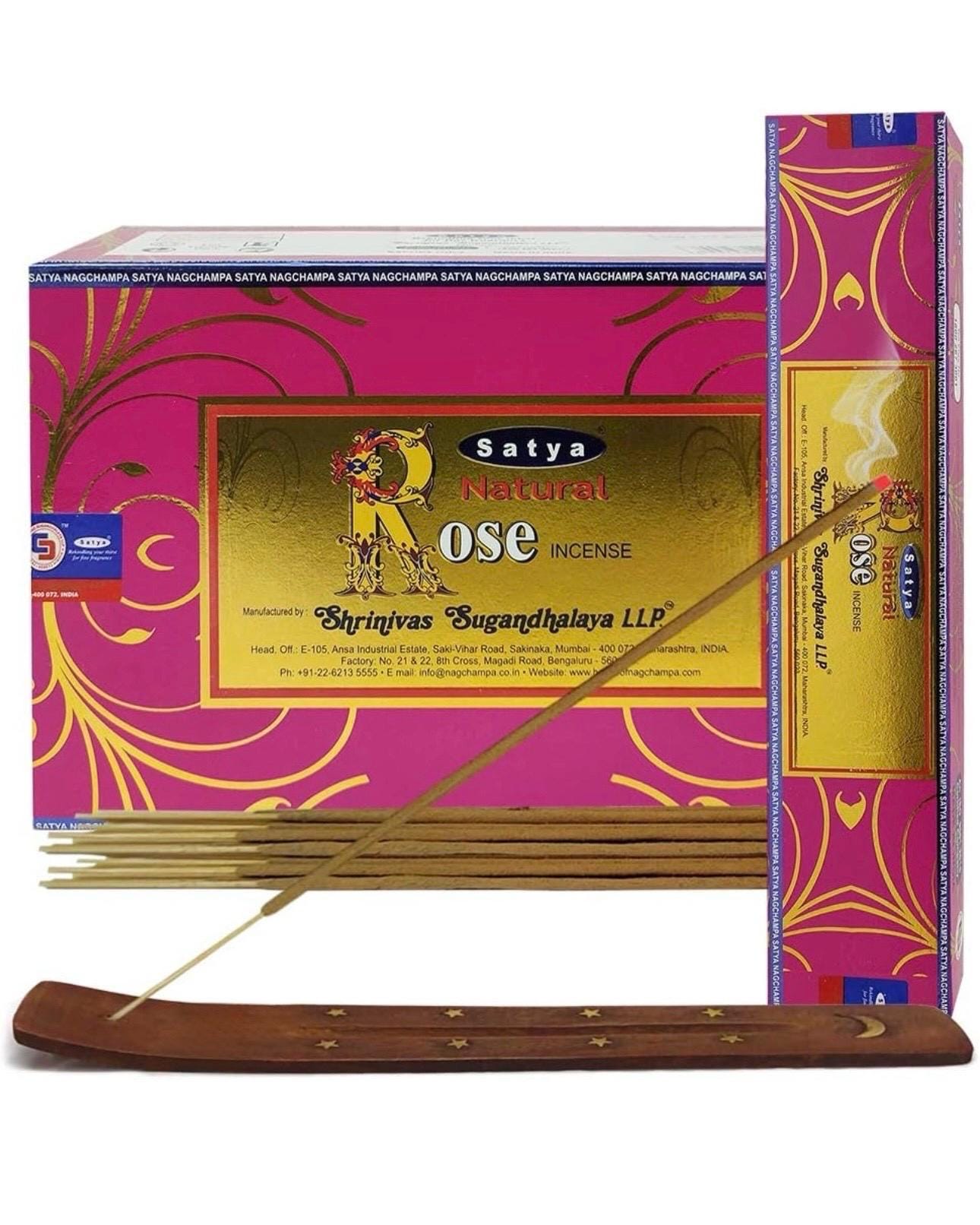 Satya Nag Champa Natural Rose 180 grams. 12 boxes x 15 g per box. Premium Handrolled Incense sticks.